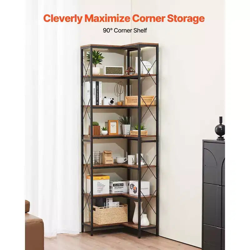 VEVOR Scaffale ad Angolo a 7 Livelli, Libreria ad Angolo Alta 79" con Telaio in Metallo Resistente e Ripiani in Legno, Nera
