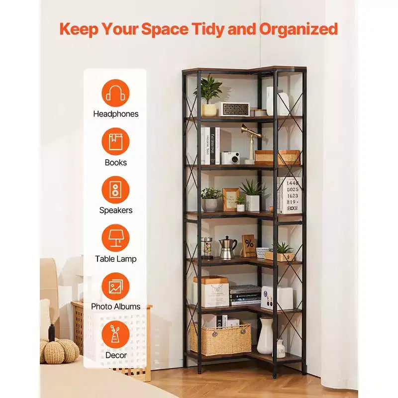 VEVOR Scaffale ad Angolo a 7 Livelli, Libreria ad Angolo Alta 79" con Telaio in Metallo Resistente e Ripiani in Legno, Nera