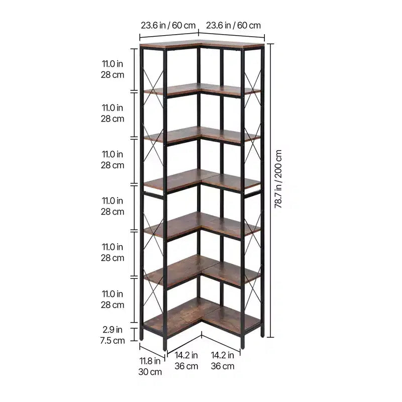 VEVOR Scaffale ad Angolo a 7 Livelli, Libreria ad Angolo Alta 79" con Telaio in Metallo Resistente e Ripiani in Legno, Nera