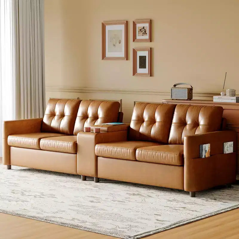 Divano componibile a 115" con console centrale, portabicchieri, cuscini trapuntati e tasca portaoggetti, spazioso divano a 4 posti per appartamento, lounge