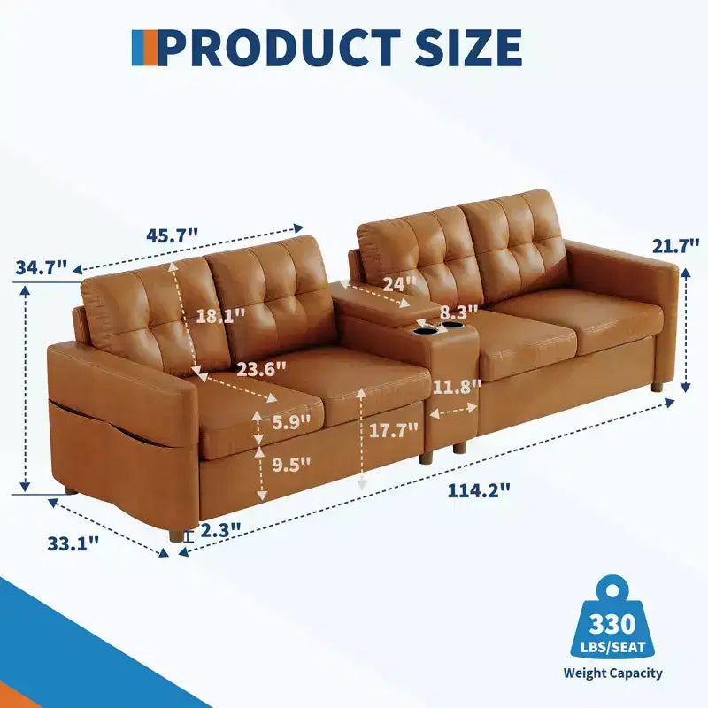 Divano componibile a 115" con console centrale, portabicchieri, cuscini trapuntati e tasca portaoggetti, spazioso divano a 4 posti per appartamento, lounge