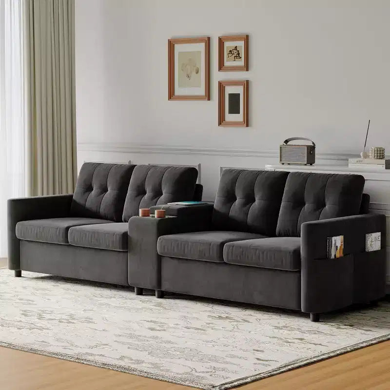 Divano componibile a 115" con console centrale, portabicchieri, cuscini trapuntati e tasca portaoggetti, spazioso divano a 4 posti per appartamento, lounge