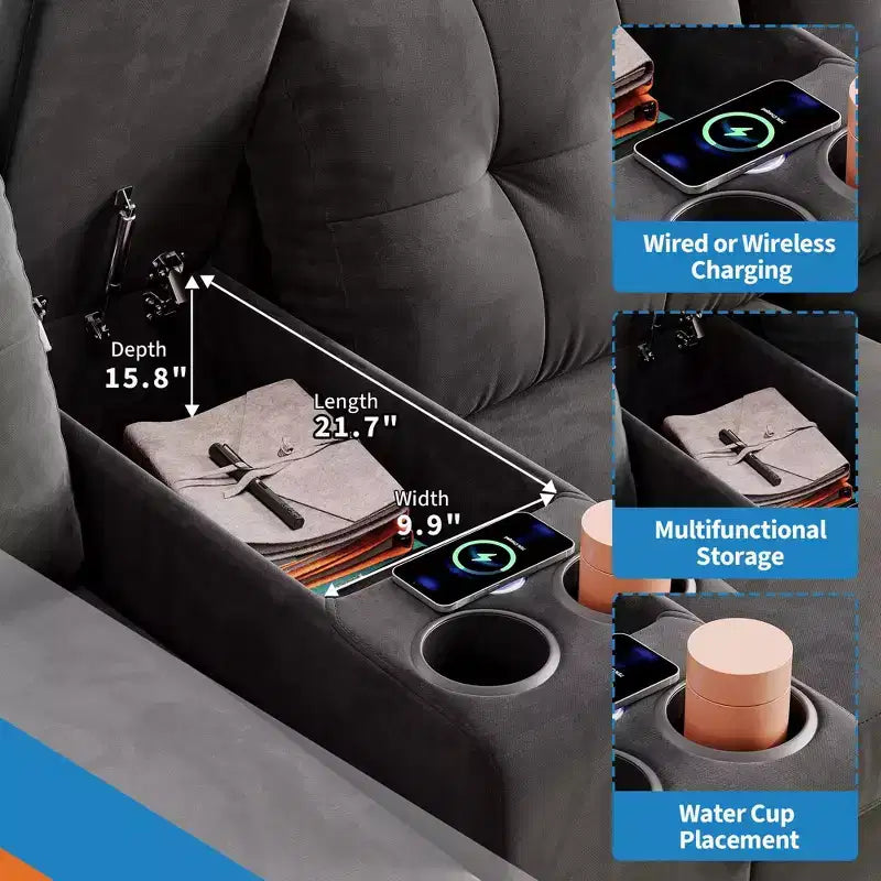 Divano componibile a 115" con console centrale, portabicchieri, cuscini trapuntati e tasca portaoggetti, spazioso divano a 4 posti per appartamento, lounge
