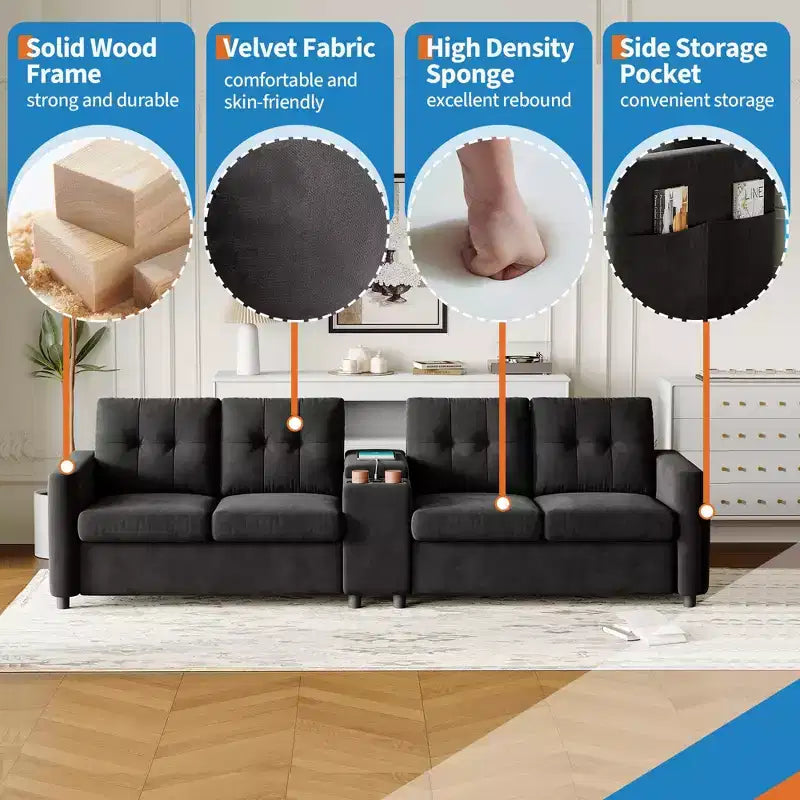 Divano componibile a 115" con console centrale, portabicchieri, cuscini trapuntati e tasca portaoggetti, spazioso divano a 4 posti per appartamento, lounge