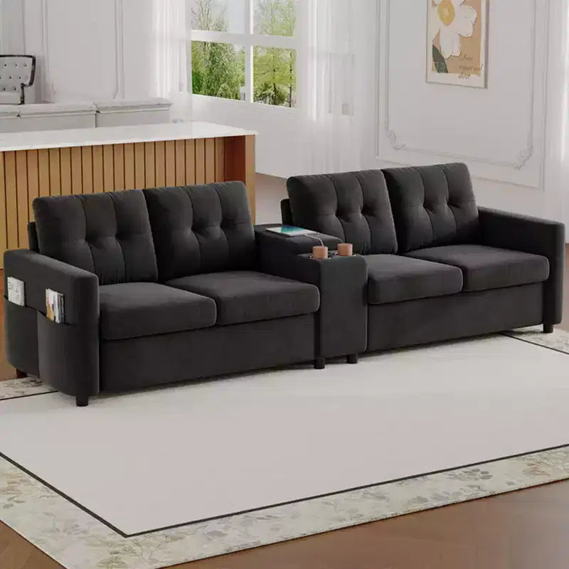 Divano componibile a 115" con console centrale, portabicchieri, cuscini trapuntati e tasca portaoggetti, spazioso divano a 4 posti per appartamento, lounge