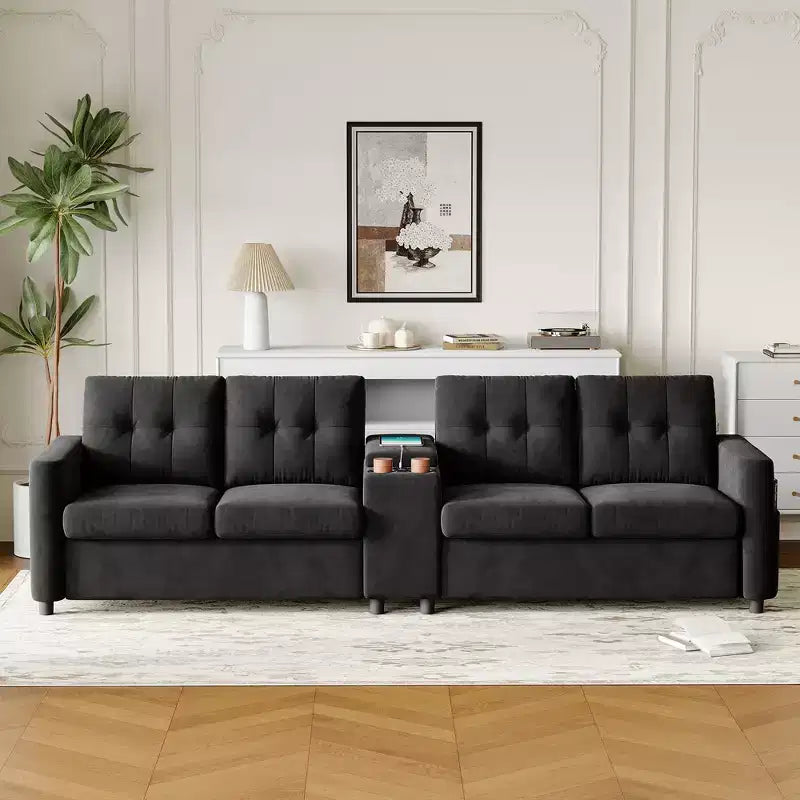 Divano componibile a 115" con console centrale, portabicchieri, cuscini trapuntati e tasca portaoggetti, spazioso divano a 4 posti per appartamento, lounge