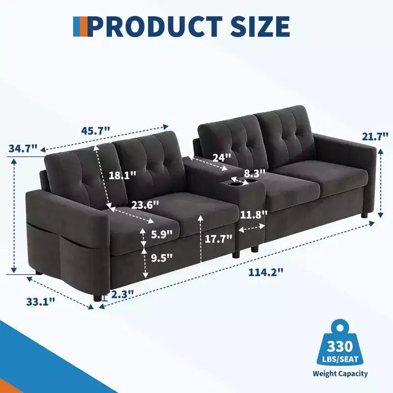Divano componibile a 115" con console centrale, portabicchieri, cuscini trapuntati e tasca portaoggetti, spazioso divano a 4 posti per appartamento, lounge