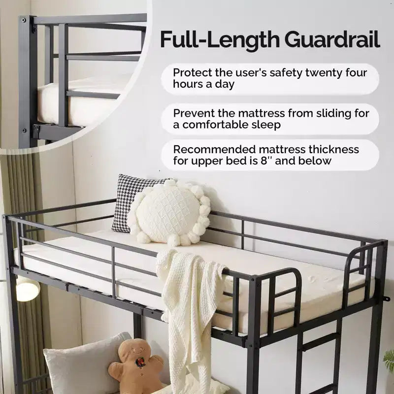 Letto a castello in metallo Karl Home con due letti singoli, due cassetti, stazione di ricarica e luce LED, Nero