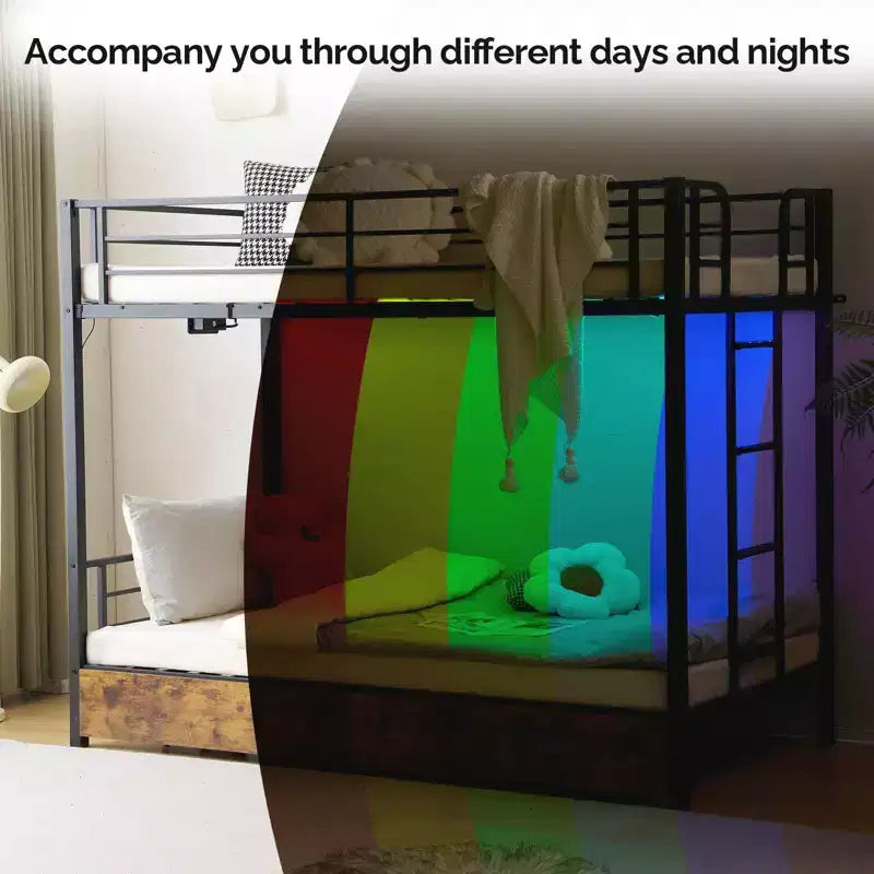 Letto a castello in metallo Karl Home con due letti singoli, due cassetti, stazione di ricarica e luce LED, Nero