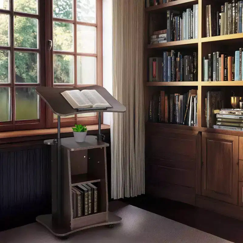 Yescom Leggio in Legno con 4 Rotelle Bloccabili a 360 Gradi, Piano Inclinabile, Altezza Regolabile 33-46 Pollici, Scaffali, Pulpiti per Chiese Marrone, 23L x