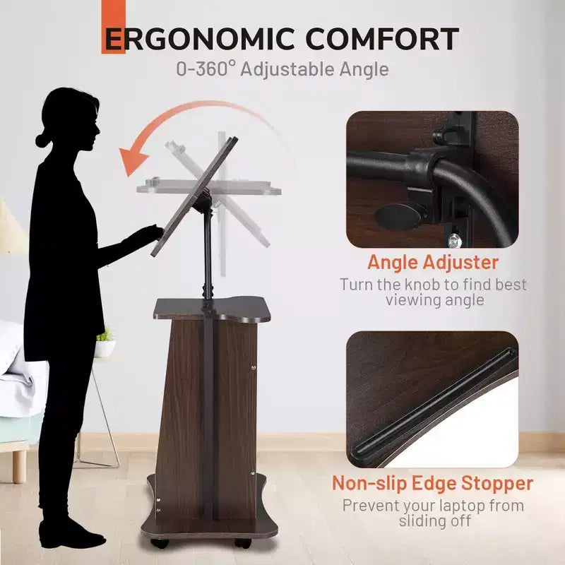 Yescom Leggio in Legno con 4 Rotelle Bloccabili a 360 Gradi, Piano Inclinabile, Altezza Regolabile 33-46 Pollici, Scaffali, Pulpiti per Chiese Marrone, 23L x