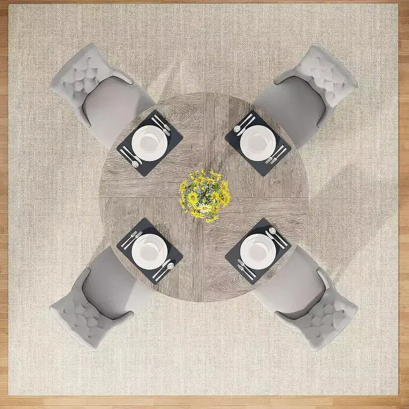 Tavolo da pranzo rotondo grande in legno Okak Farmhouse con base a croce, tavolo da pranzo in legno per sala da pranzo, angolo colazione