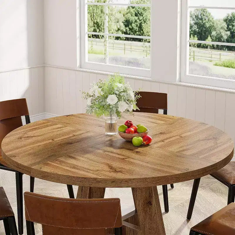 Tavolo da pranzo rotondo grande in legno Okak Farmhouse con base a croce, tavolo da pranzo in legno per sala da pranzo, angolo colazione