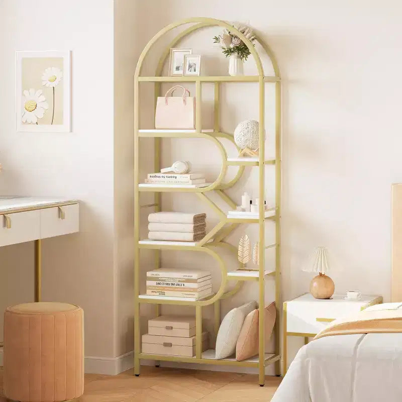 Coolmee Scaffale a 6 Livelli Aperto ad Arco, Libreria Geometria in Metallo Alta 81,7 pollici, Grande Scaffale Portaoggetti per Camera da Letto, Soggiorno, Ufficio