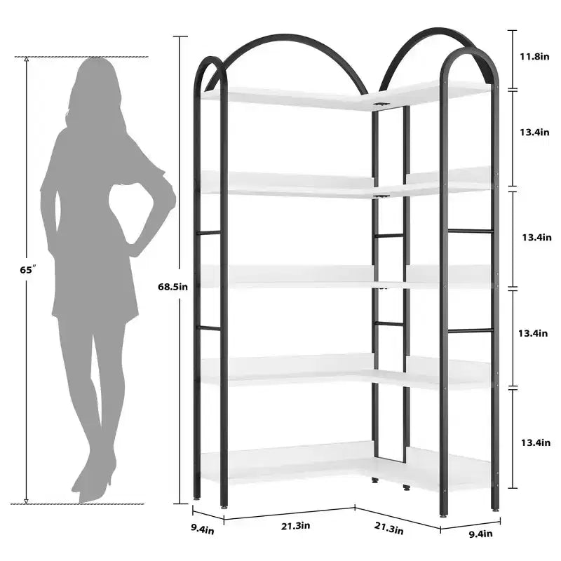 Libreria angolare ad arco Coolmee, libreria angolare industriale a forma di L con struttura in metallo, espositore angolare per soggiorno e camera da letto