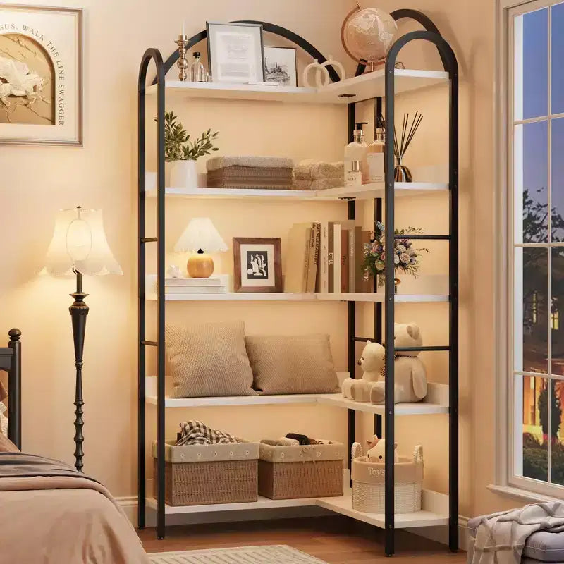 Libreria angolare ad arco Coolmee, libreria angolare industriale a forma di L con struttura in metallo, espositore angolare per soggiorno e camera da letto