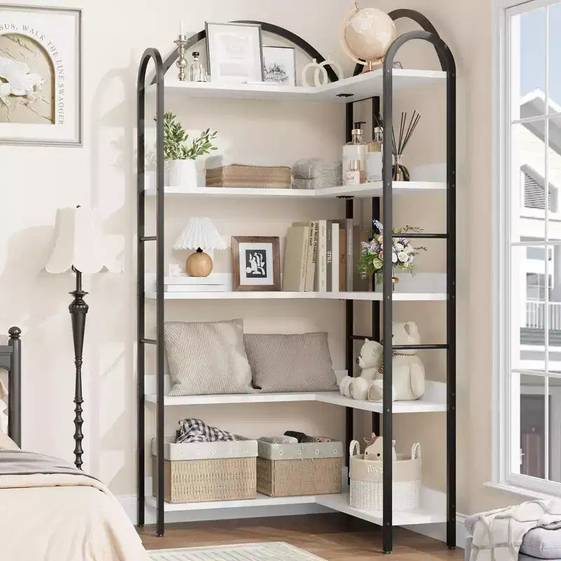 Libreria angolare ad arco Coolmee, libreria angolare industriale a forma di L con struttura in metallo, espositore angolare per soggiorno e camera da letto