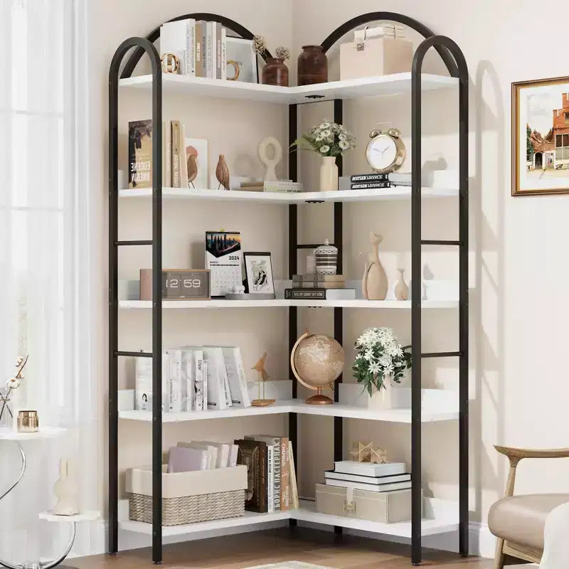 Libreria angolare ad arco Coolmee, libreria angolare industriale a forma di L con struttura in metallo, espositore angolare per soggiorno e camera da letto