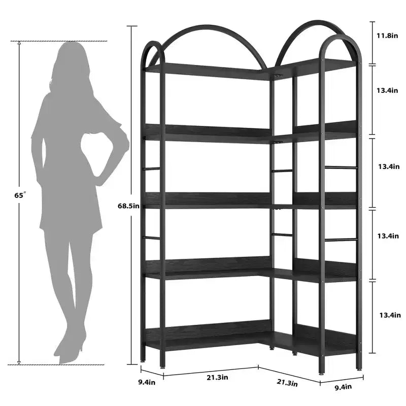 Libreria angolare ad arco Coolmee, libreria angolare industriale a forma di L con struttura in metallo, espositore angolare per soggiorno e camera da letto