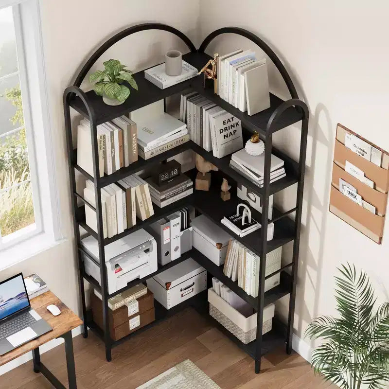 Libreria angolare ad arco Coolmee, libreria angolare industriale a forma di L con struttura in metallo, espositore angolare per soggiorno e camera da letto