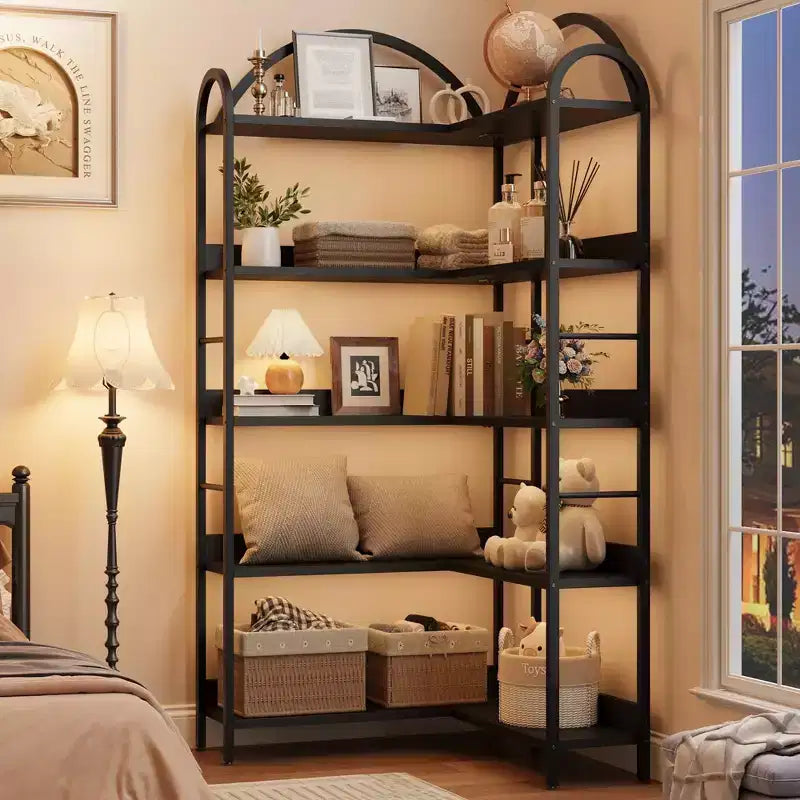 Libreria angolare ad arco Coolmee, libreria angolare industriale a forma di L con struttura in metallo, espositore angolare per soggiorno e camera da letto