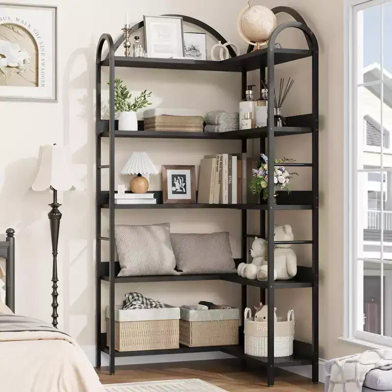 Libreria angolare ad arco Coolmee, libreria angolare industriale a forma di L con struttura in metallo, espositore angolare per soggiorno e camera da letto