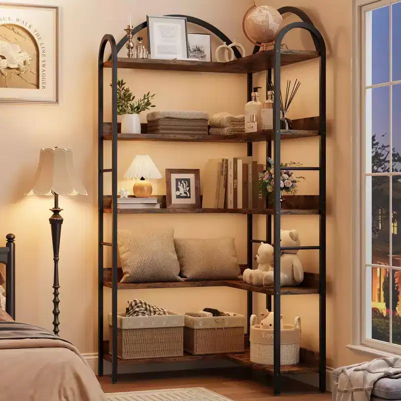 Libreria angolare ad arco Coolmee, libreria angolare industriale a forma di L con struttura in metallo, espositore angolare per soggiorno e camera da letto