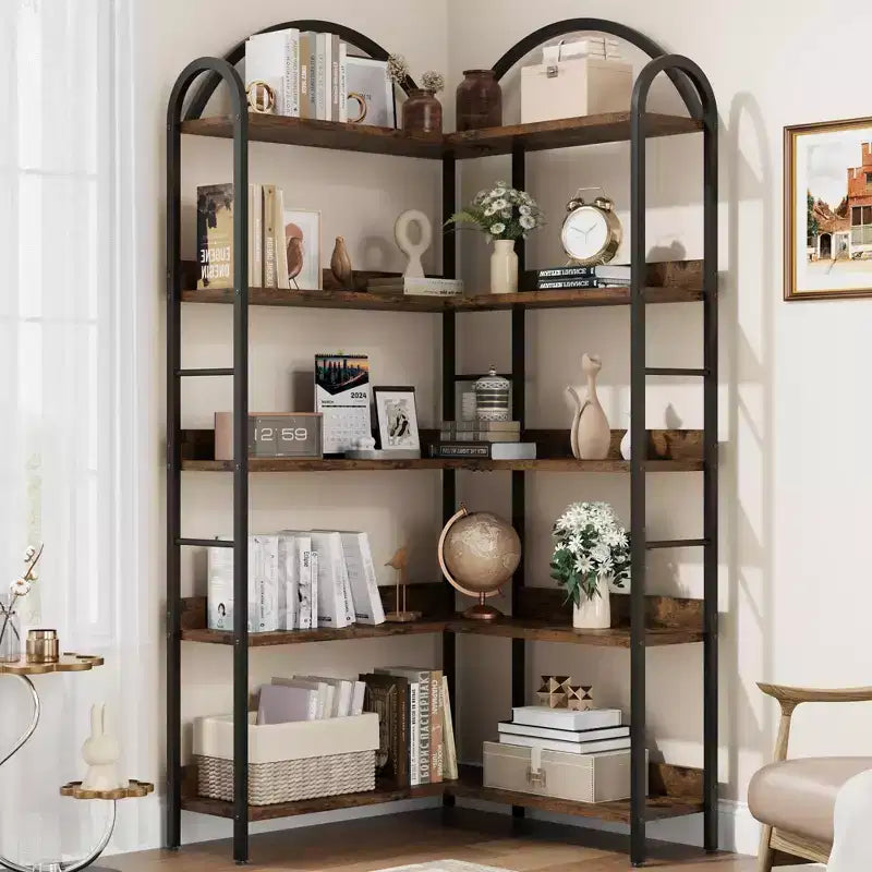 Libreria angolare ad arco Coolmee, libreria angolare industriale a forma di L con struttura in metallo, espositore angolare per soggiorno e camera da letto