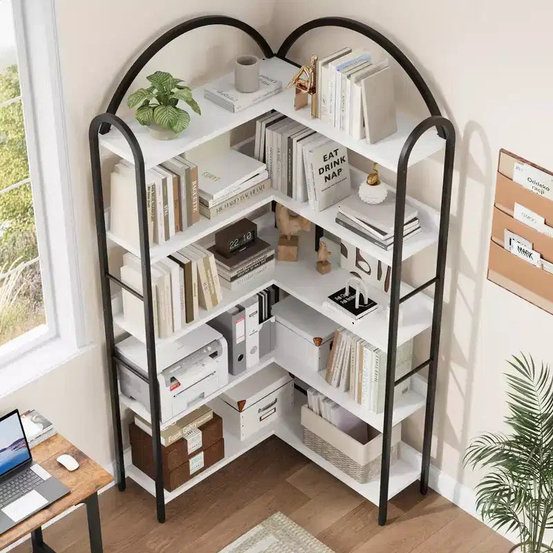 Libreria angolare ad arco Coolmee, libreria angolare industriale a forma di L con struttura in metallo, espositore angolare per soggiorno e camera da letto