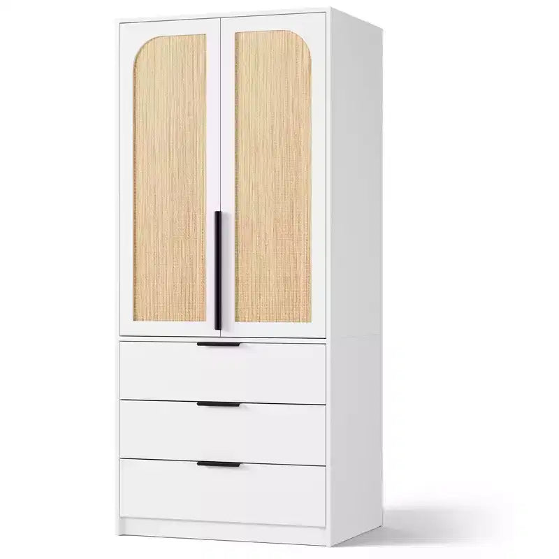 Coolmee Armadio Guardaroba in Rattan con 3 Cassetti e 2 Ante, Armadi in Legno per Abiti Appesi, Armadi Alti da Camera da Letto