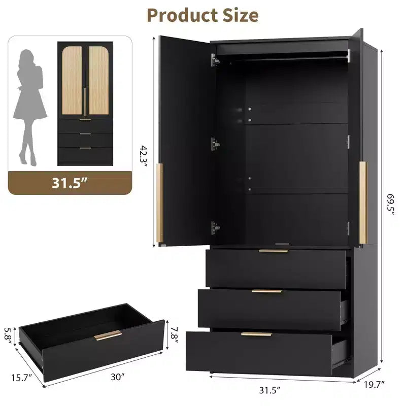 Coolmee Armadio Guardaroba in Rattan con 3 Cassetti e 2 Ante, Armadi in Legno per Abiti Appesi, Armadi Alti da Camera da Letto