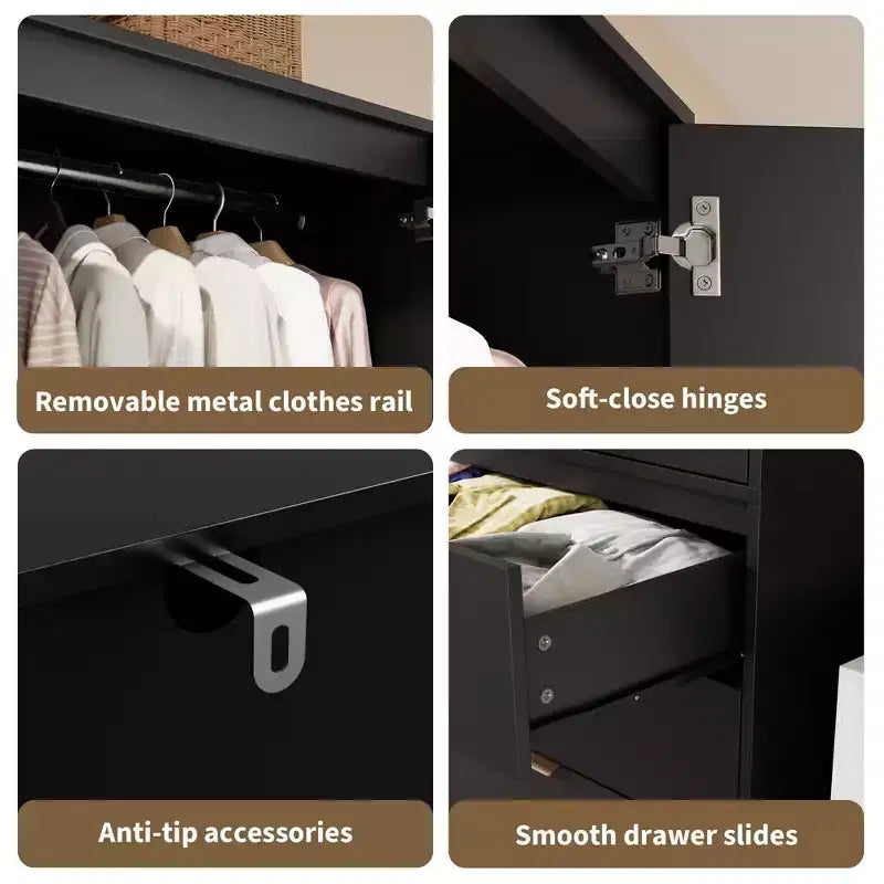 Coolmee Armadio Guardaroba in Rattan con 3 Cassetti e 2 Ante, Armadi in Legno per Abiti Appesi, Armadi Alti da Camera da Letto