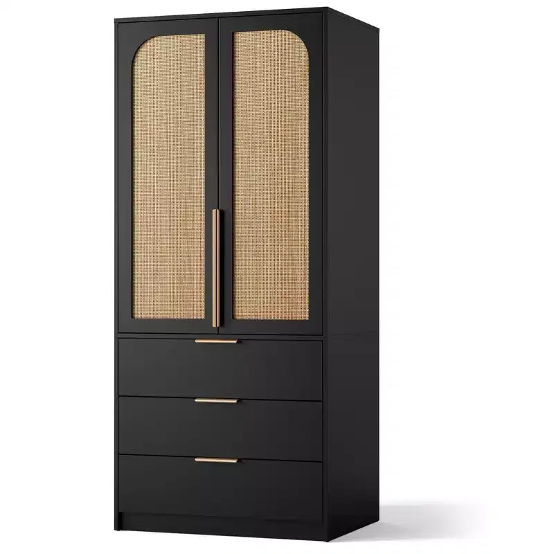Coolmee Armadio Guardaroba in Rattan con 3 Cassetti e 2 Ante, Armadi in Legno per Abiti Appesi, Armadi Alti da Camera da Letto