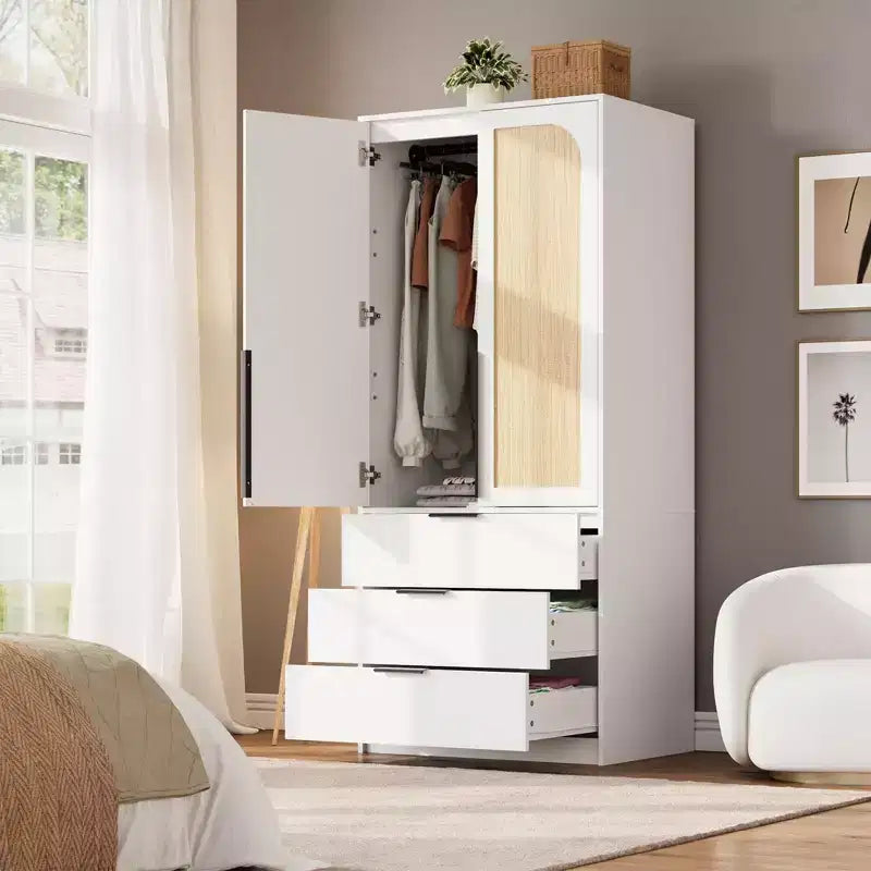 Coolmee Armadio Guardaroba in Rattan con 3 Cassetti e 2 Ante, Armadi in Legno per Abiti Appesi, Armadi Alti da Camera da Letto