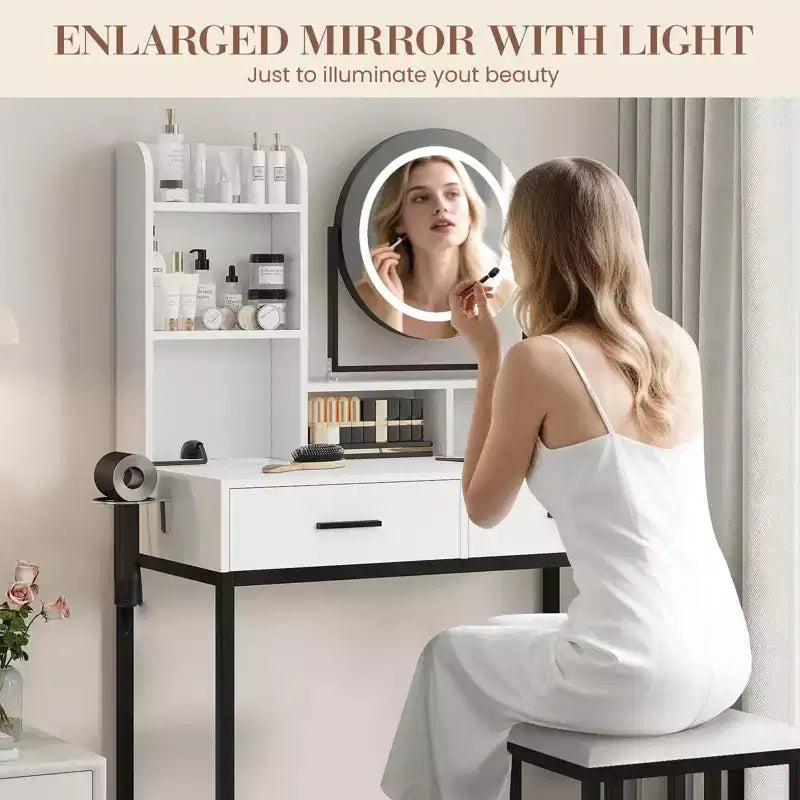 Toeletta Trucco con Specchio Girevole Regolabile, Grande Tavolo da Trucco 29W con 2 Cassetti e Sgabello, Moderna Toeletta da Trucco per Camera da Letto