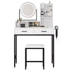 Toeletta Trucco con Specchio Girevole Regolabile, Grande Tavolo da Trucco 29W con 2 Cassetti e Sgabello, Moderna Toeletta da Trucco per Camera da Letto