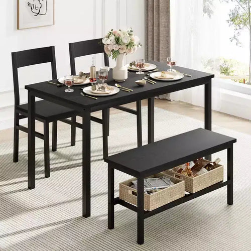 Set da Pranzo in Legno da 4 Pezzi con Panca e 2 Sedie, Set Tavolo da Cucina con Ripiano Portaoggetti, Salvaspazio