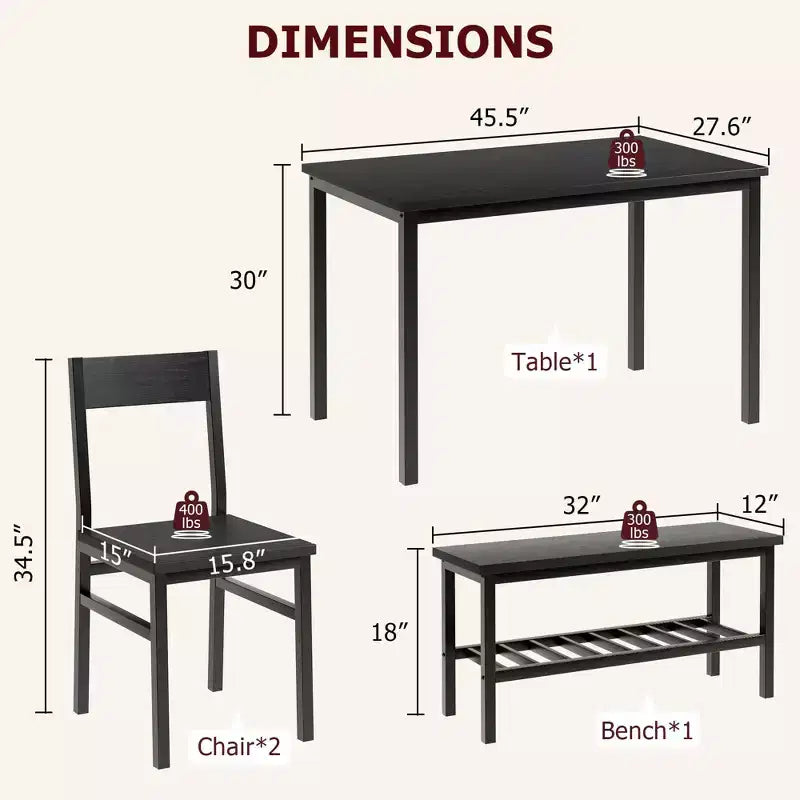 Set da Pranzo in Legno da 4 Pezzi con Panca e 2 Sedie, Set Tavolo da Cucina con Ripiano Portaoggetti, Salvaspazio