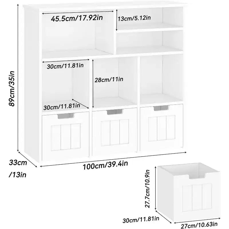 Acekool Libreria per bambini, mobile contenitore giocattoli, organizer con 3 cassetti mobili e ruote nascoste, 6 scomparti per camera da letto, sala giochi, asilo nido, bianco