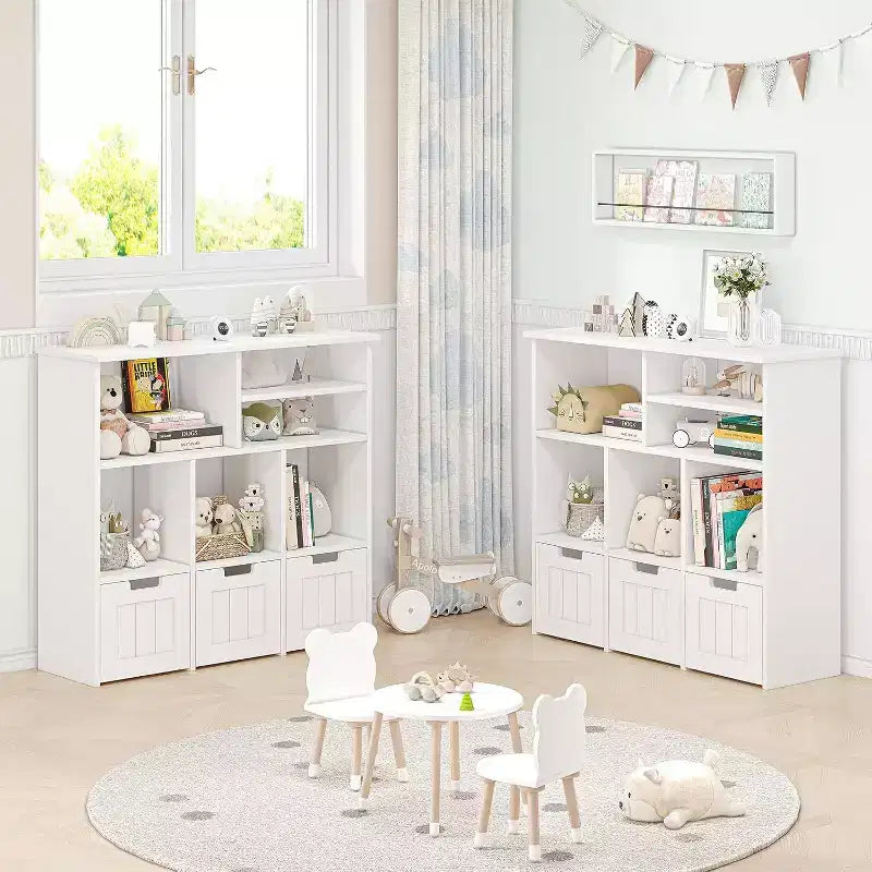 Acekool Libreria per bambini, mobile contenitore giocattoli, organizer con 3 cassetti mobili e ruote nascoste, 6 scomparti per camera da letto, sala giochi, asilo nido, bianco