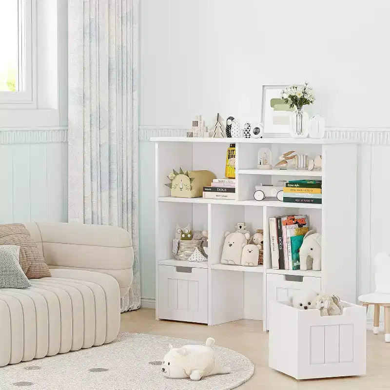 Acekool Libreria per bambini, mobile contenitore giocattoli, organizer con 3 cassetti mobili e ruote nascoste, 6 scomparti per camera da letto, sala giochi, asilo nido, bianco