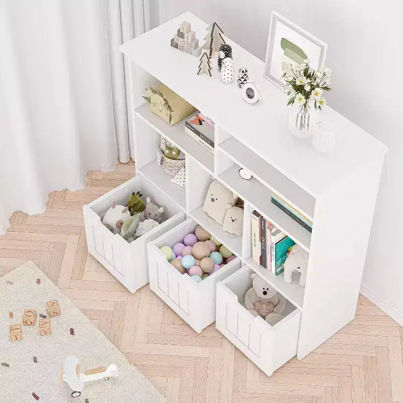 Acekool Libreria per bambini, mobile contenitore giocattoli, organizer con 3 cassetti mobili e ruote nascoste, 6 scomparti per camera da letto, sala giochi, asilo nido, bianco