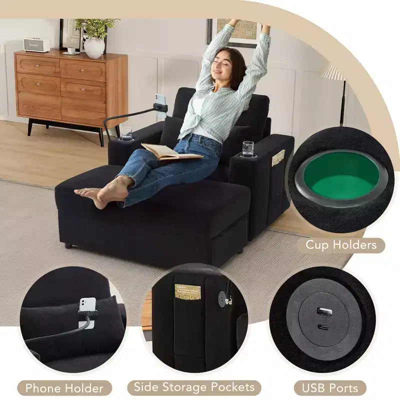 Okak Divano Letto Moderno Comodo con Chaise Longue e Pouf Contenitore Mobile, Divano Imbottito con Seduta Profonda per Soggiorno