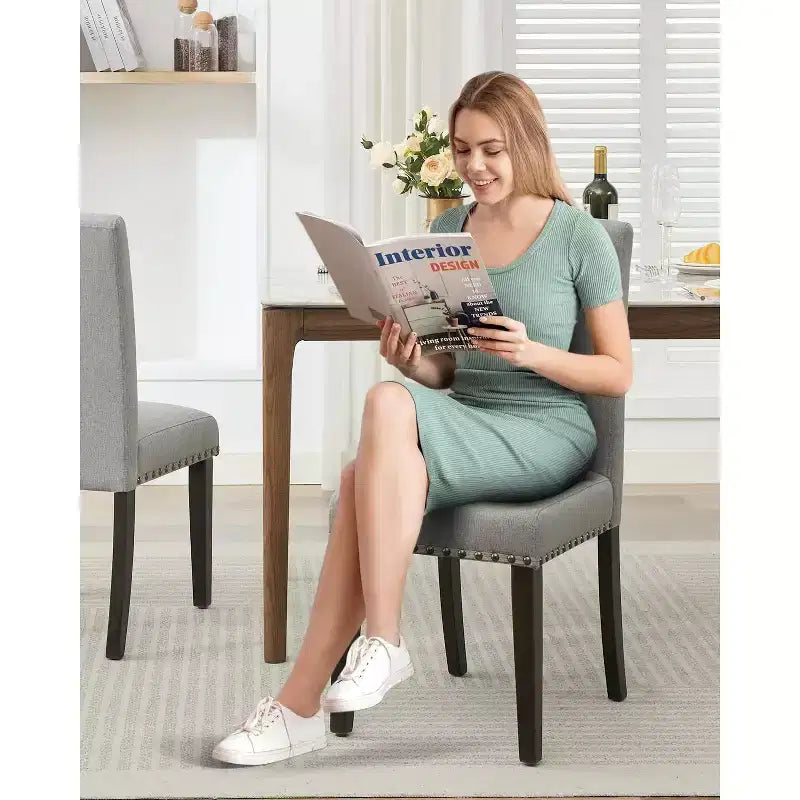 Set di 6 sedie da pranzo, sedie moderne ergonomiche rivestite in tessuto con schienale curvo, gambe in legno robuste per sala da pranzo, cucina, ufficio