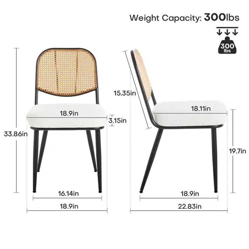 Bekrvio Rattan Dining Chairs Set di 2 - Sedie Laterali in Bouclé con Schienale in Cannage e Gambe in Metallo, Stile Moderno di Metà Secolo, per Cucina