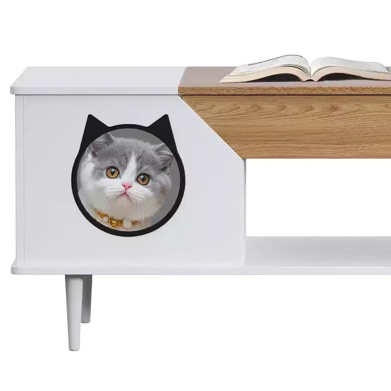 TROPOW Tavolino da Caffè Nero 45'' Tavoli per Gatti Soggiorno con Cassetto Portaoggetti, Tavolini da Caffè Rustici in Legno con Casetta per Gatti