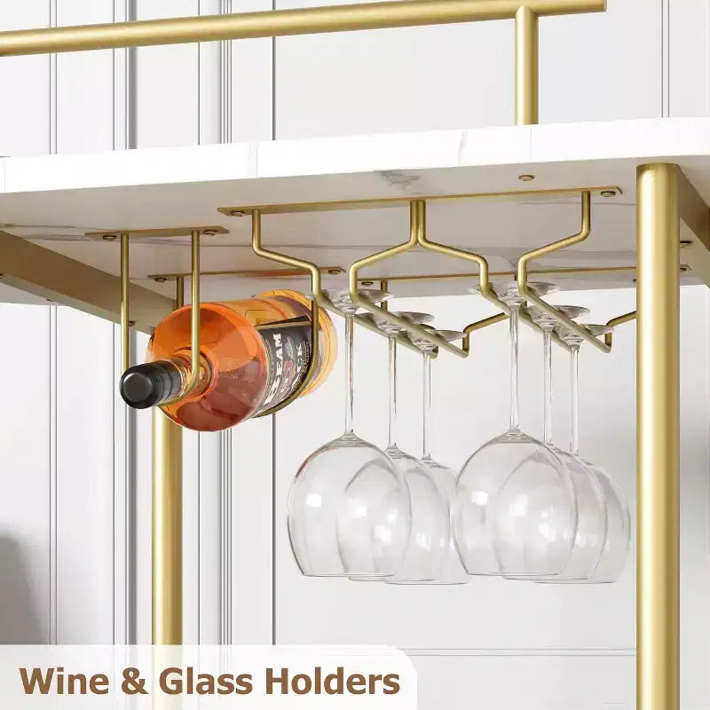 Acekool Carrello Bar a 4 Ripiani con Portabottiglie e Porta Bicchieri, Carrello di Servizio Mobile su Ruote per Cucina Sala da Pranzo Soggiorno, Oro+Bianco