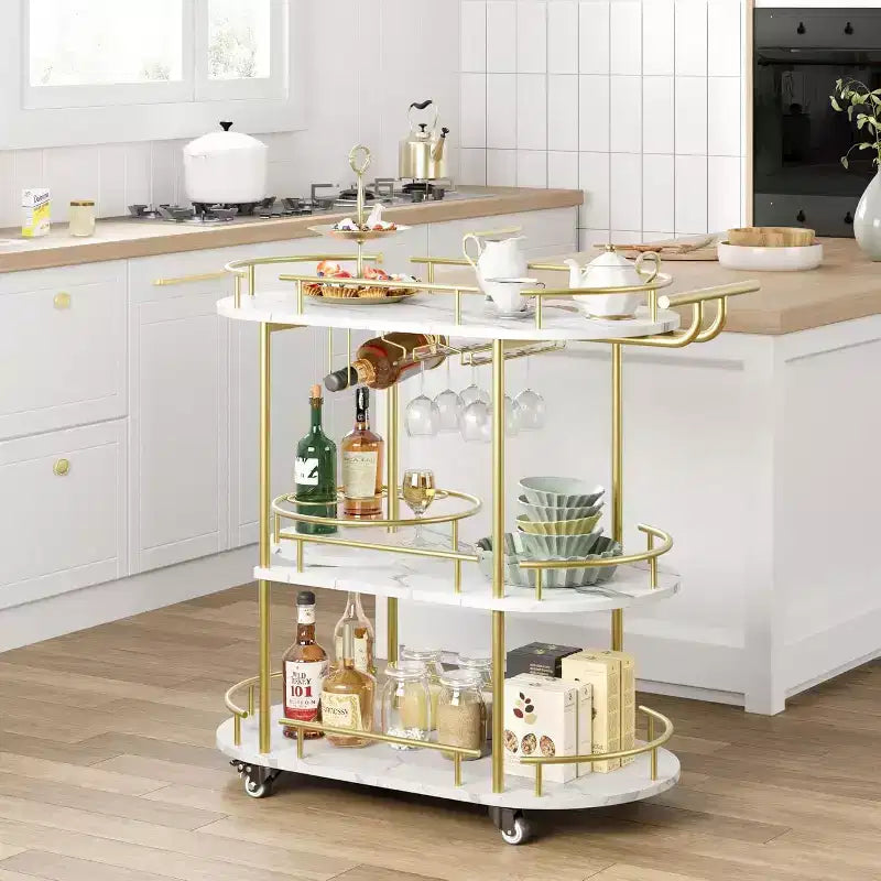 Acekool Carrello Bar a 4 Ripiani con Portabottiglie e Porta Bicchieri, Carrello di Servizio Mobile su Ruote per Cucina Sala da Pranzo Soggiorno, Oro+Bianco