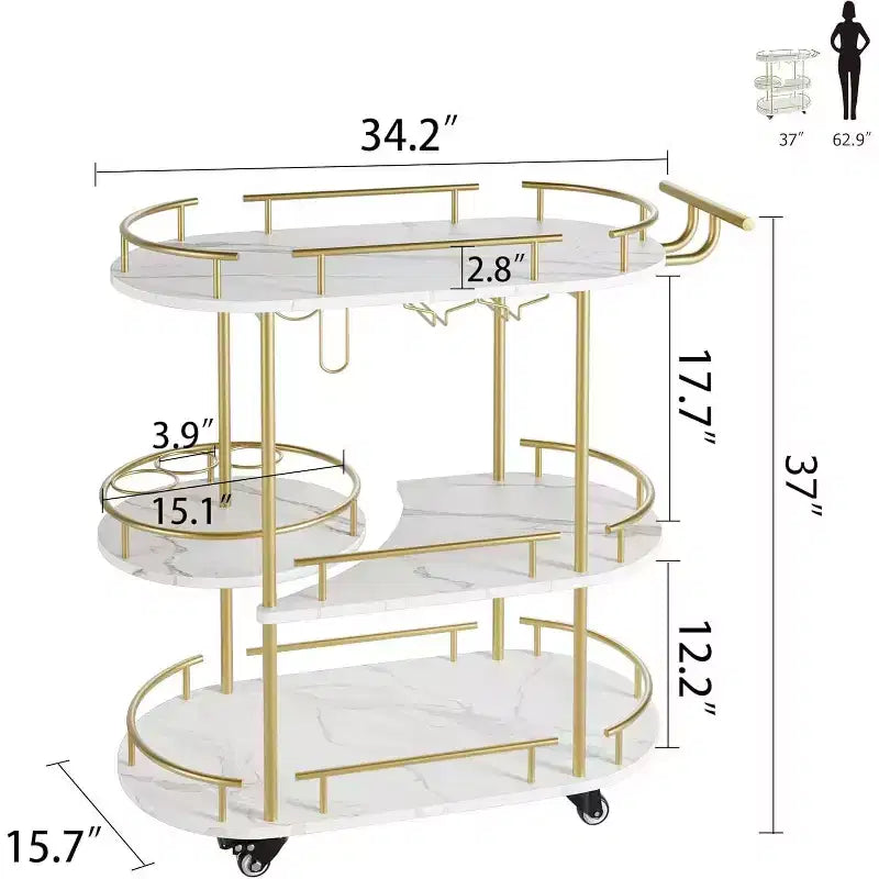 Acekool Carrello Bar a 4 Ripiani con Portabottiglie e Porta Bicchieri, Carrello di Servizio Mobile su Ruote per Cucina Sala da Pranzo Soggiorno, Oro+Bianco