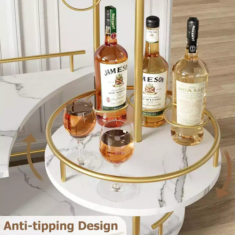 Acekool Carrello Bar a 4 Ripiani con Portabottiglie e Porta Bicchieri, Carrello di Servizio Mobile su Ruote per Cucina Sala da Pranzo Soggiorno, Oro+Bianco